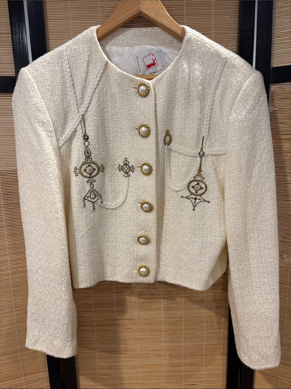 Vintage Embroidered pearl & Button Embellished Cream Tweed Jacket